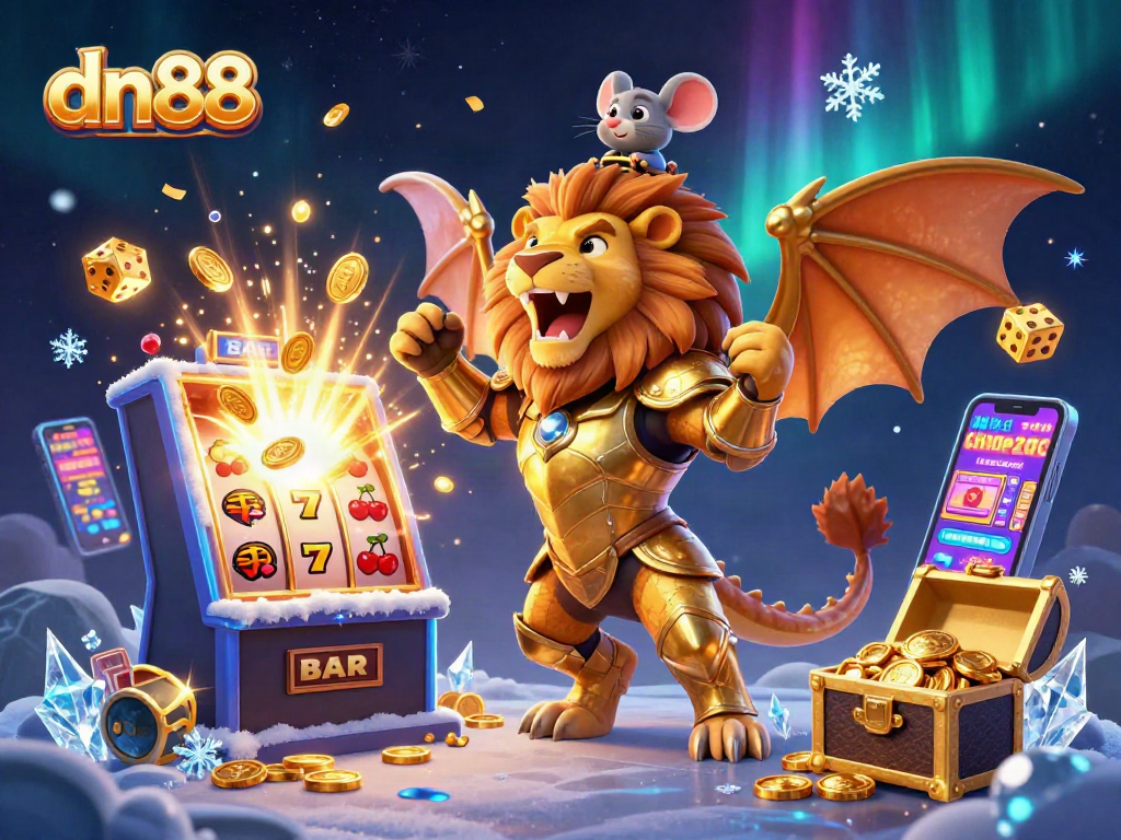 Experience thrilling gaming excitement with dn88’s golden chimera and jackpot rewards in this vibrant casino illustration.