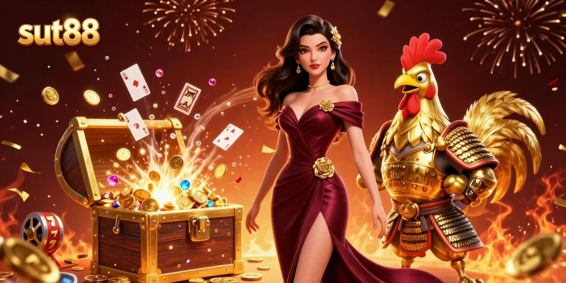 Sut88 captures the thrill of winning with colorful slot reels and gold coins in an exciting casino scene.