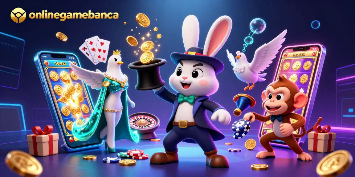 Engage in thrilling onlinegamebanca gameplay with a magician rabbit, assistant dove, and monkey amidst vibrant casino elements.