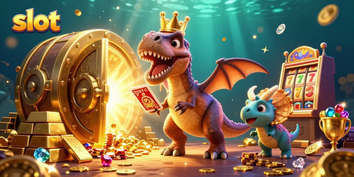 Spin the slot reels while cartoon dinosaurs create a vibrant casino scene full of treasures.