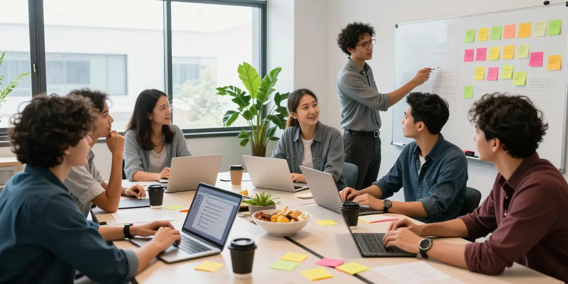 Entrepreneurs collaborating over the best payment gateway for business startup in a vibrant co-working space.