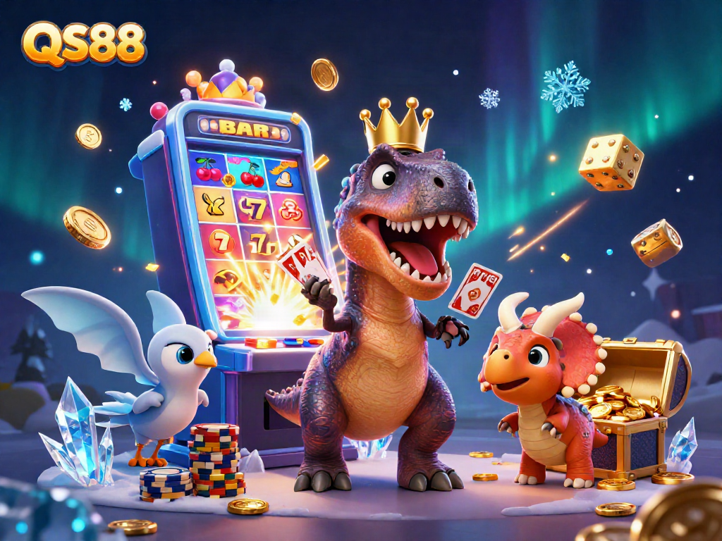 QS88 casino fun with a cartoon T-Rex shuffling cards, vibrant slot machine bursting coins and chips