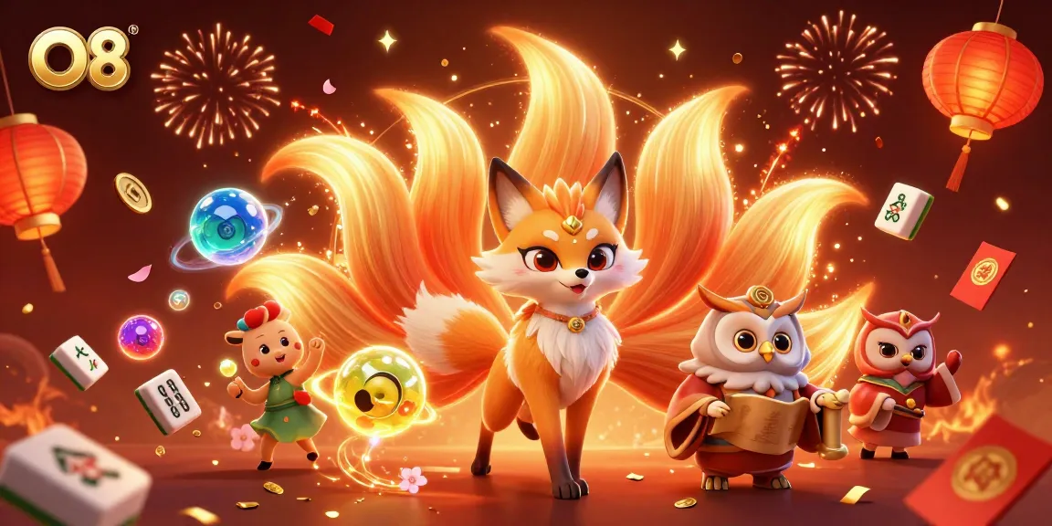O8 gamifies with a colorful nine-tailed fox, owl, and illuminated game elements.