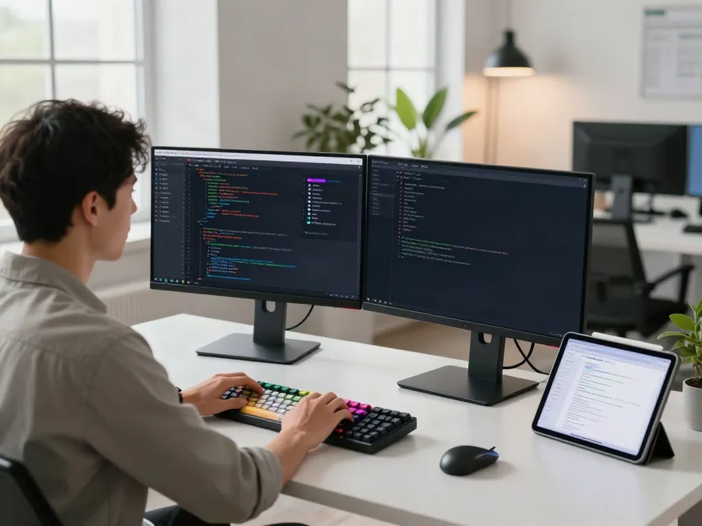 Dynamic software development workspace showcasing boardthread.net coding setup with monitors and tech accessories.