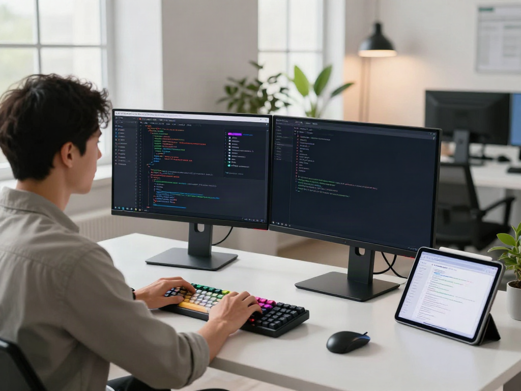 Dynamic software development workspace showcasing boardthread.net coding setup with monitors and tech accessories.