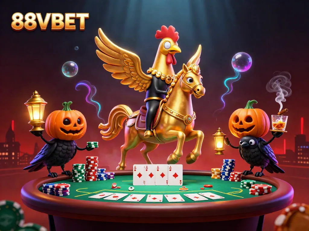 Engage with the vibrant 88VBET casino world featuring a golden rooster and pumpkin-headed crows in a dynamic gaming scene.