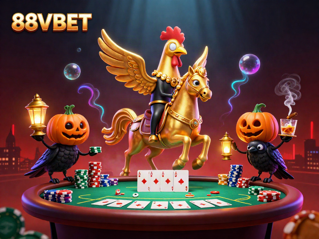 Engage with the vibrant 88VBET casino world featuring a golden rooster and pumpkin-headed crows in a dynamic gaming scene.