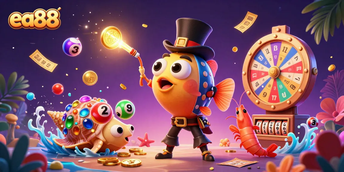 ea88 jackpot scene with an anglerfish, shrimp, and sea snail amid colorful gaming elements