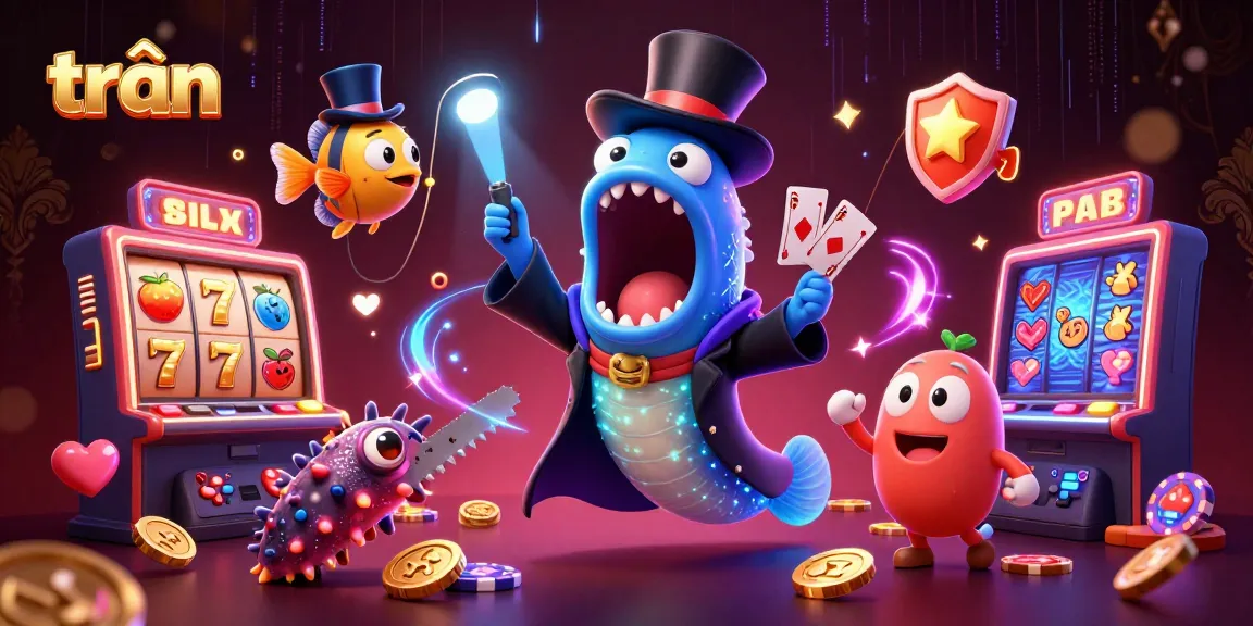trần creates a vibrant casino magic scene with a deep-sea eel performing tricks amidst glowing slot reels.