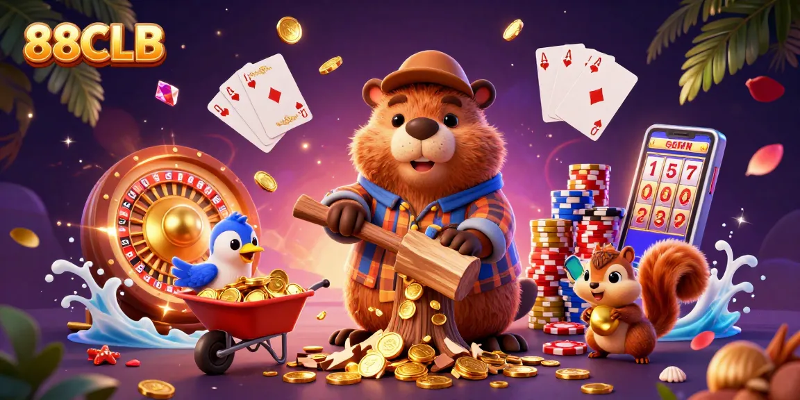 88CLB characters engage in a vibrant casino scene with golden coins and roulette.