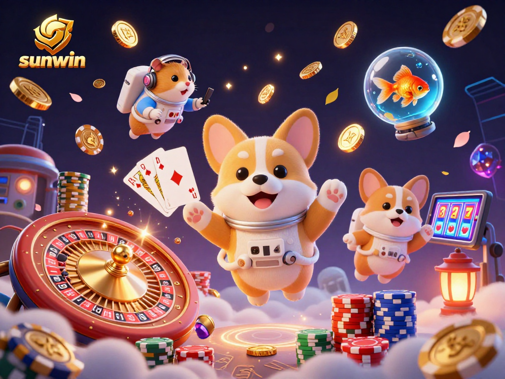 Experience sunwin's exciting gaming atmosphere with immersive 3D illustrations of casino characters and dynamic elements.