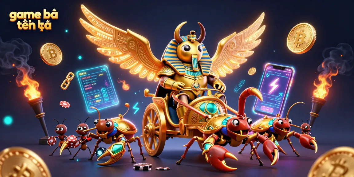 Play game bài tiến lên with a vibrant, dynamic 3D casino illustration featuring a golden scarab and scorpions.