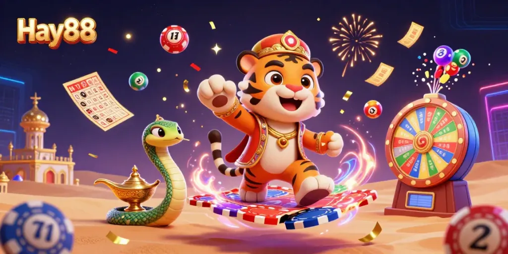 Engage with the vibrant Hay88 casino world featuring a cartoon tiger sultan and dynamic gaming elements!