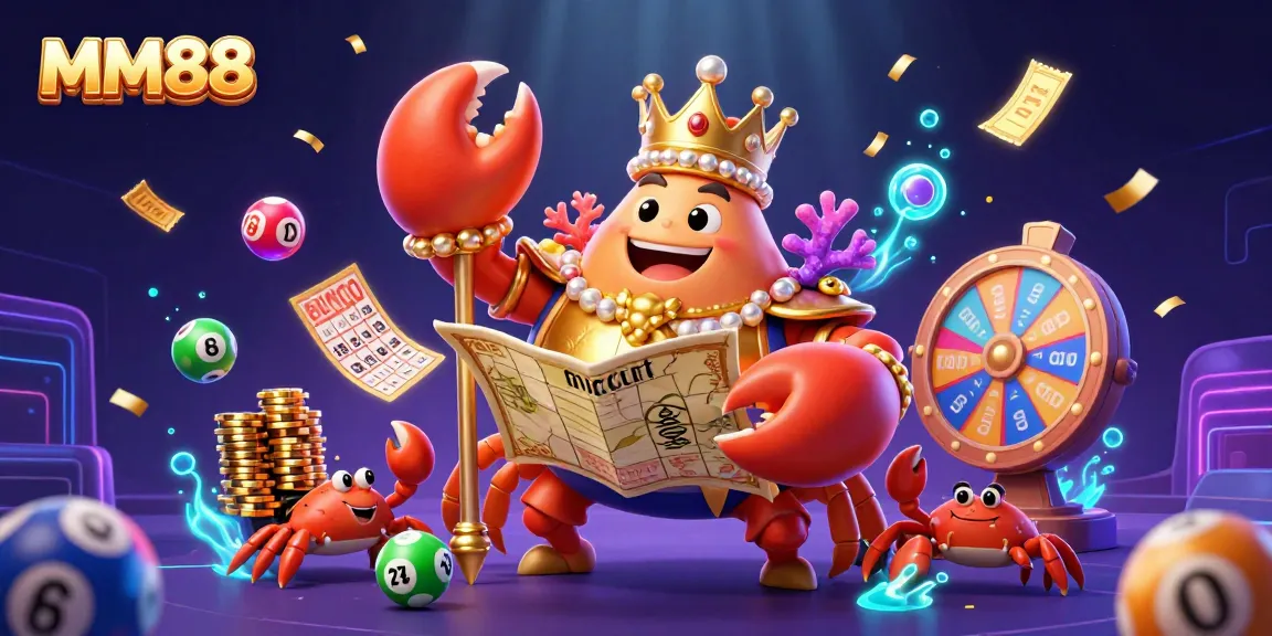 Experience lucky spins at MM88 with vibrant lottery elements and a majestic crab emperor!