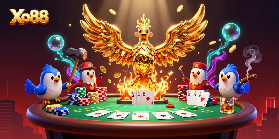 Xo88 showcases a majestic phoenix amidst poker elements, symbolizing thrilling casino excitement.