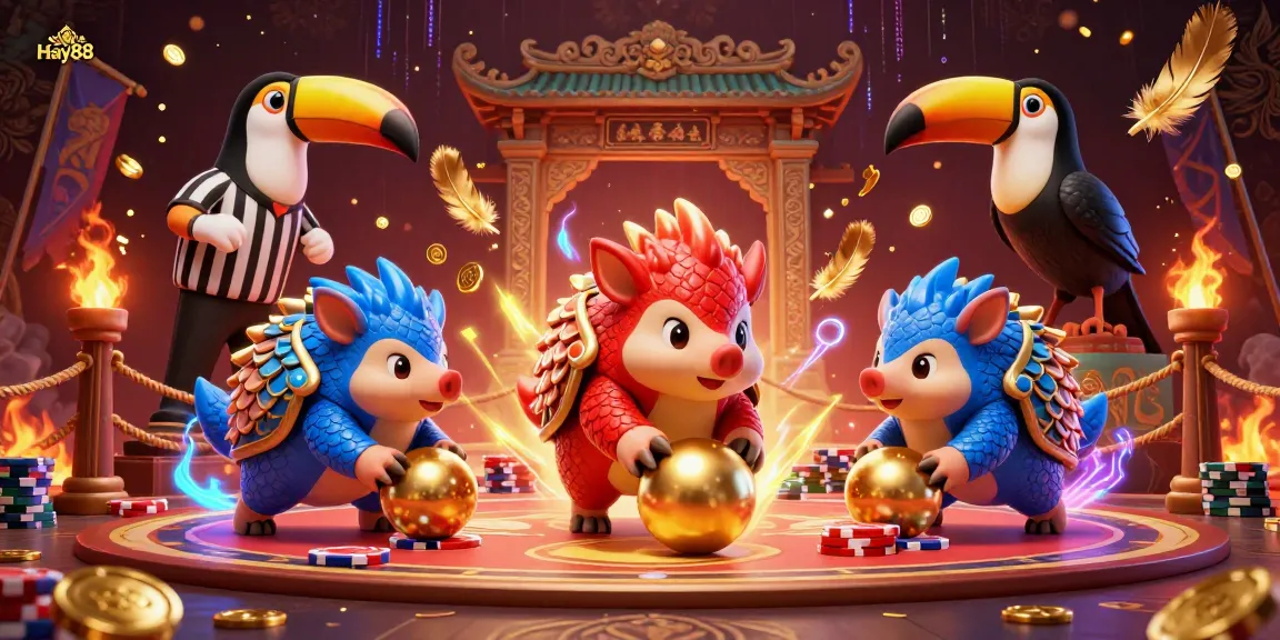 Engaging scene of the energetic Hay88 casino rivalry featuring cartoon pangolins amidst golden coins and poker chips.