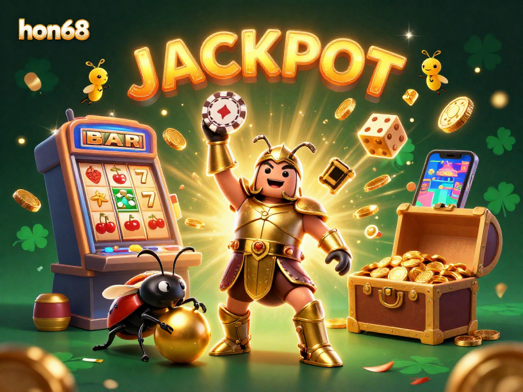Join the excitement at hon68 with a vibrant illustration featuring a victorious beetle lifting a poker chip amidst a jackpot celebration.