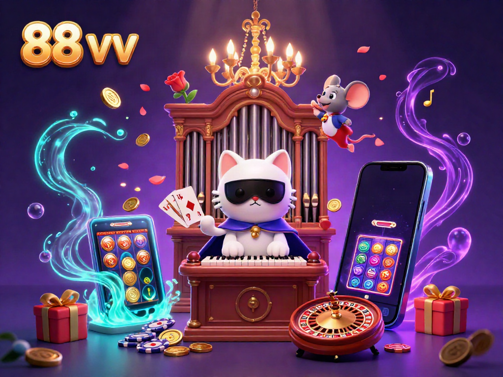 Experience the gaming frenzy with 88 vv as a phantom cat enchants at a vibrant casino scene.