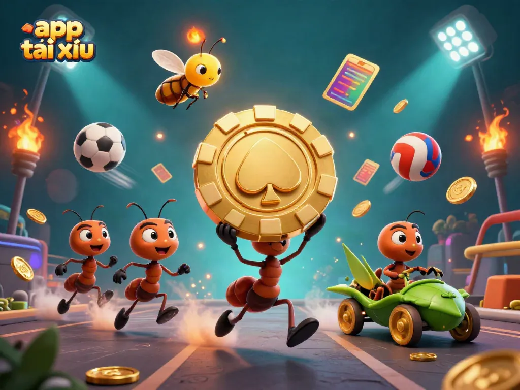Experience the thrill of app tài xỉu as cartoon ants execute a heist with golden poker chips.