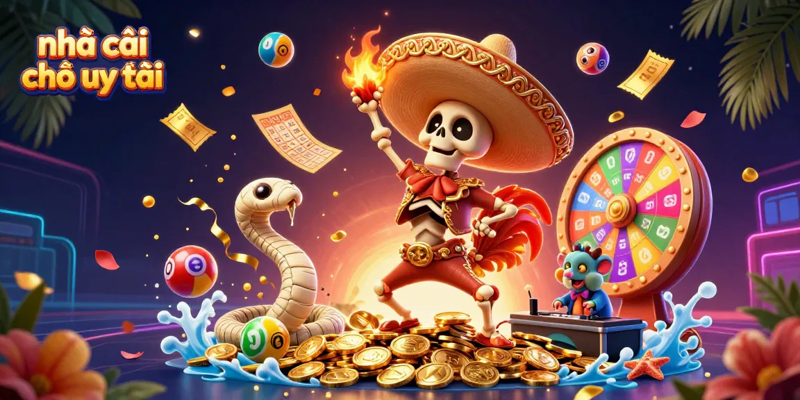 Celebrate wins with the vibrant 3D illustration showcasing nhà cái nào uy tín and dynamic lottery elements.