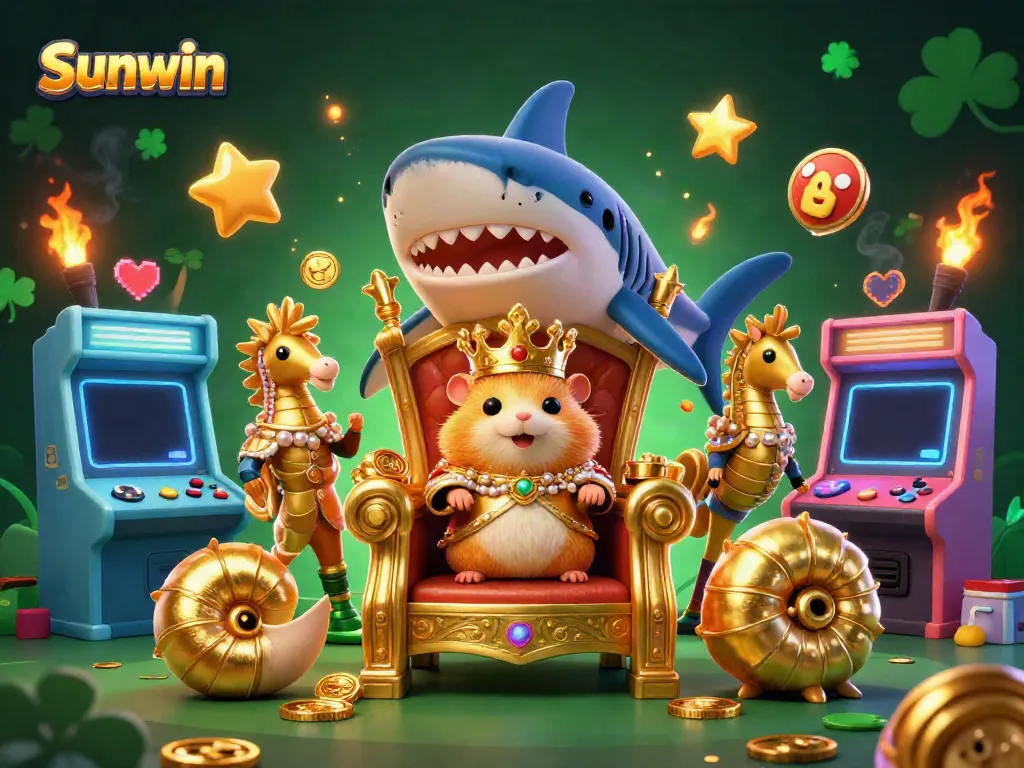 Experience captivating gaming with Sunwin as a golden hamster king reigns over a vibrant casino.