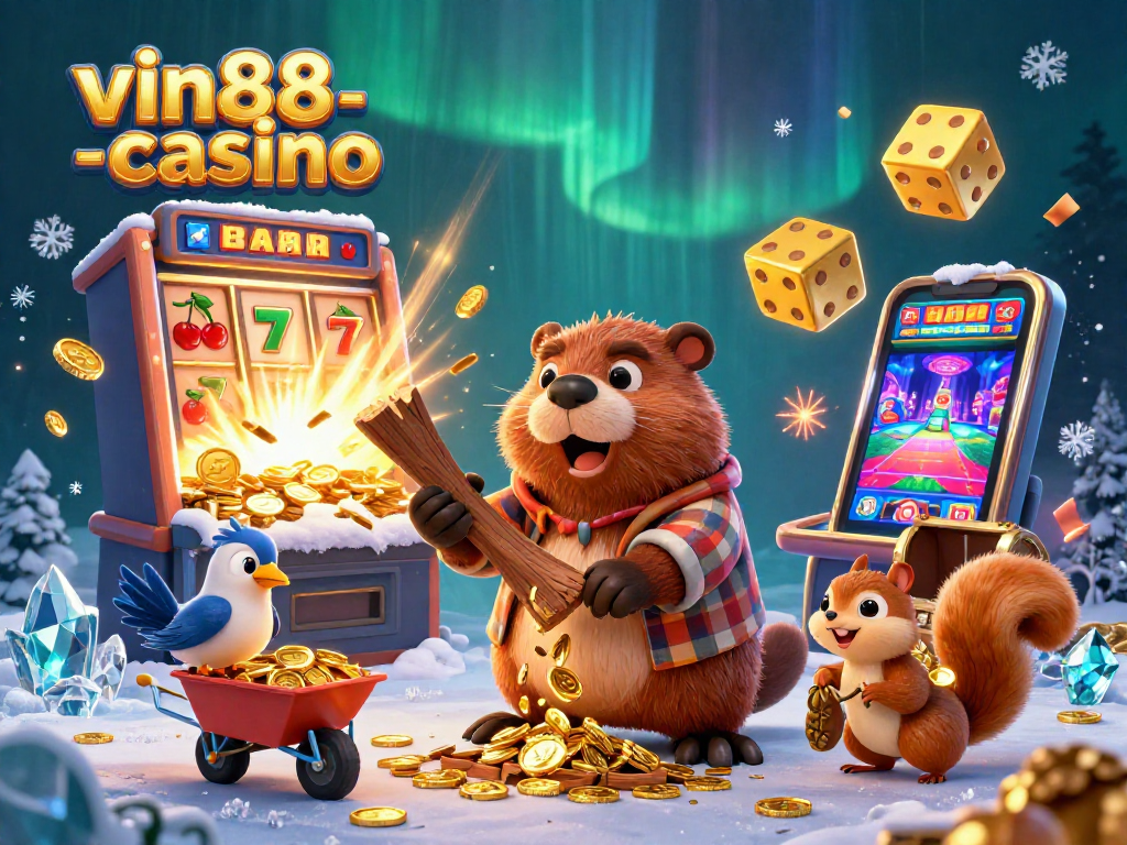 Experience vin88-casino excitement with a vibrant 3D cartoon scene of a beaver, a bird, and a squirrel amidst casino elements.