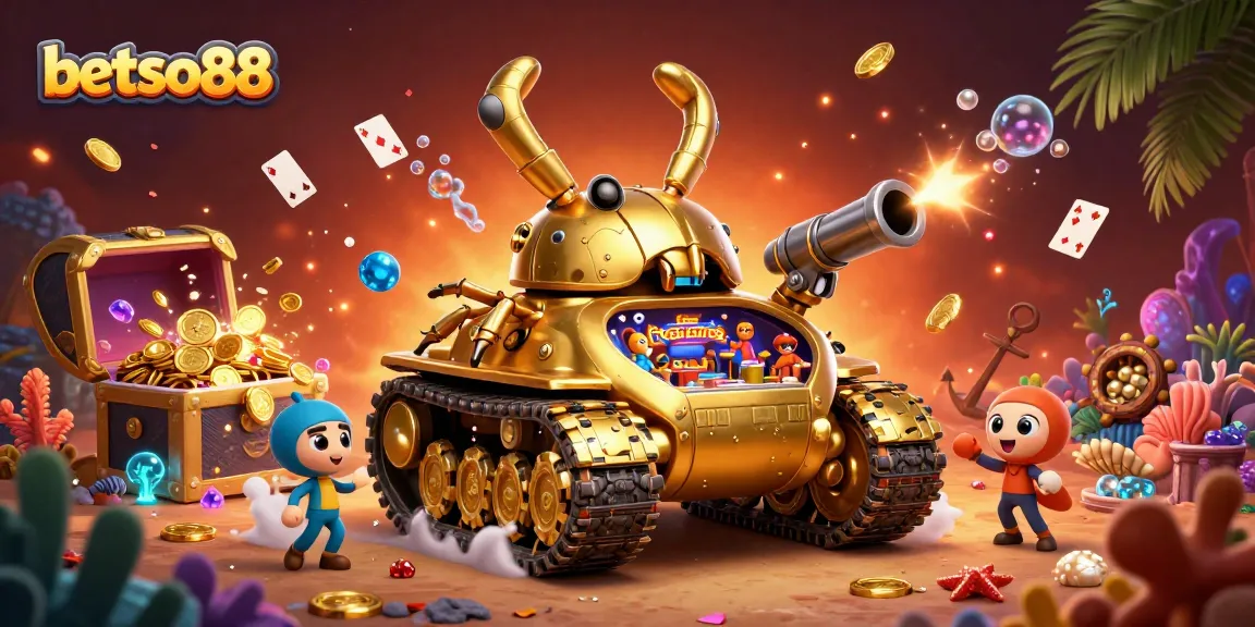 Betso88 showcases a vibrant 3D scene with a golden tank casino offering exciting games.