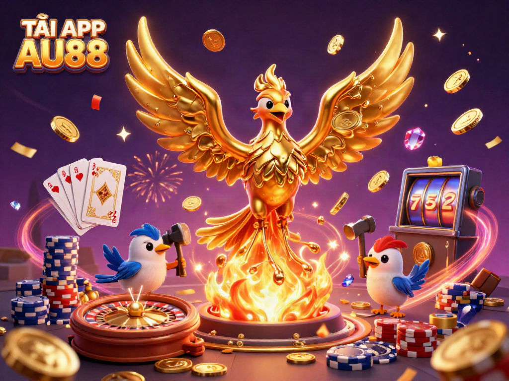Experience TẢI APP AU88 with a vibrant casino-themed illustration showcasing golden coins, winning cards, and a phoenix.