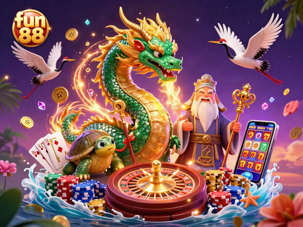 Engage in fun 88 gaming with a vibrant 3D casino scene featuring mythical characters and dynamic betting elements.