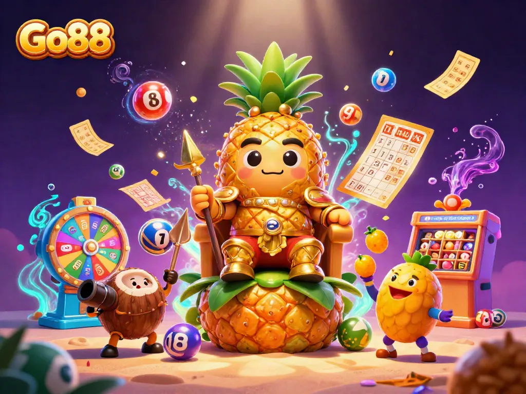 Engage with Go88's vibrant casino world featuring dynamic lottery elements and a golden pineapple king.