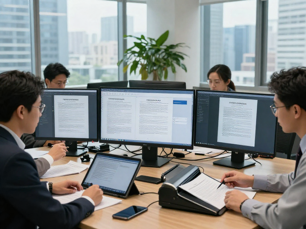 Professional investigator analyzing document fraud detection in a modern office with advanced technology and collaborative atmosphere.