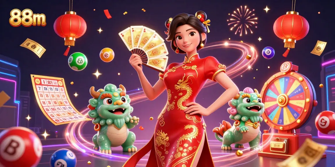 Win with 88m's colorful lottery balls and elegant casino elements in a vibrant celebration.
