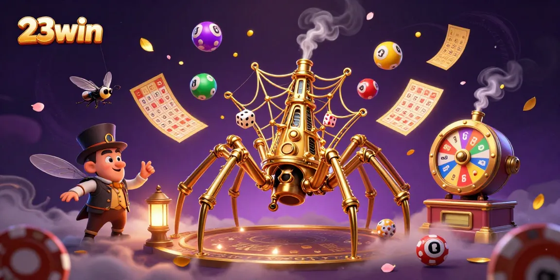 Engage with 23win's vibrant lottery-themed 3D illustration, featuring dynamic characters and energetic game elements.