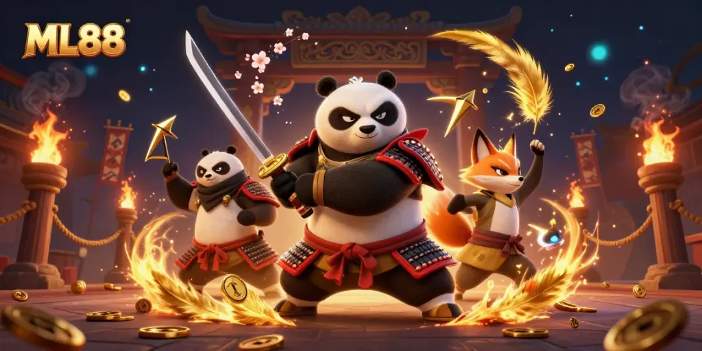 Experience thrilling gameplay at ML88 with a pirate-themed scene featuring samurai panda and ninja fox.