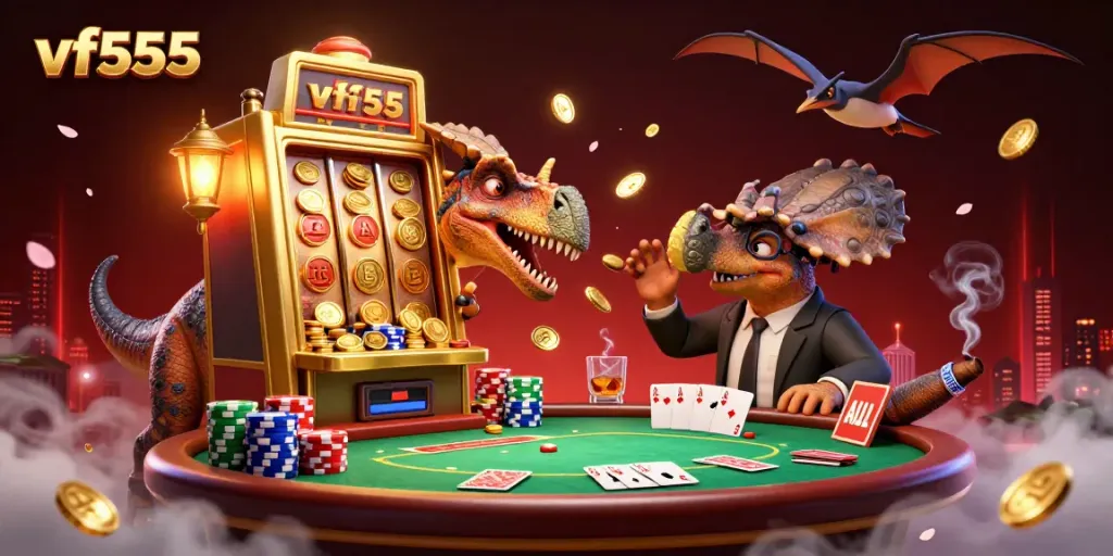Experience a thrilling vf555 casino scene with a pachycephalosaurus and a golden slot machine, catching jackpot coins.