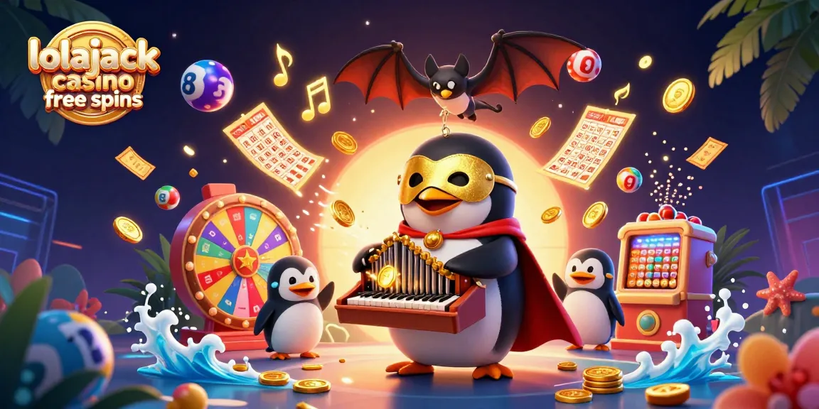 Join the fun at lolajack casino free spins, featuring a lively penguin and vibrant gaming elements.