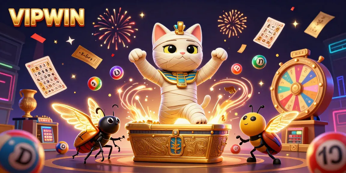 Experience the excitement of VIPWIN with a 3D mummy cat and casino elements in an immersive illustration.