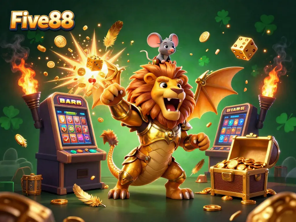 Experience the thrill of Five88's casino games in a dynamic 3D illustration with golden features and vibrant jackpots.