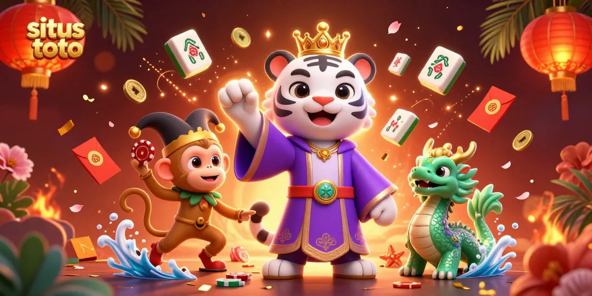Engage in thrilling gameplay at situs toto, featuring a lively tiger, monkey, and jade dragon in a vibrant casino scene.