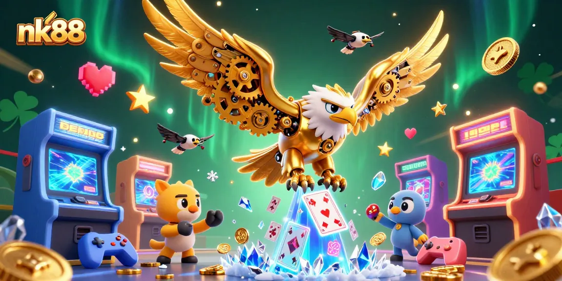 Experience thrilling gaming with nk88, featuring a cybernetic eagle diving through holographic cards.