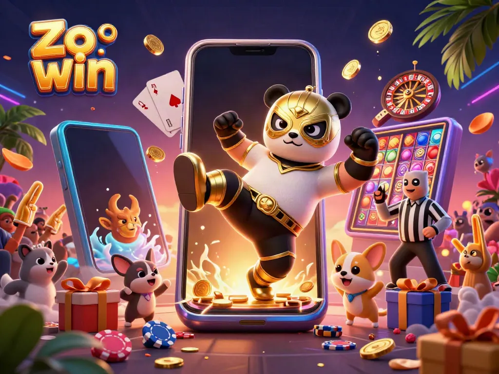 Engage with thrilling slots at Zo win while a panda shows off his flying kick amidst a lively casino scene.