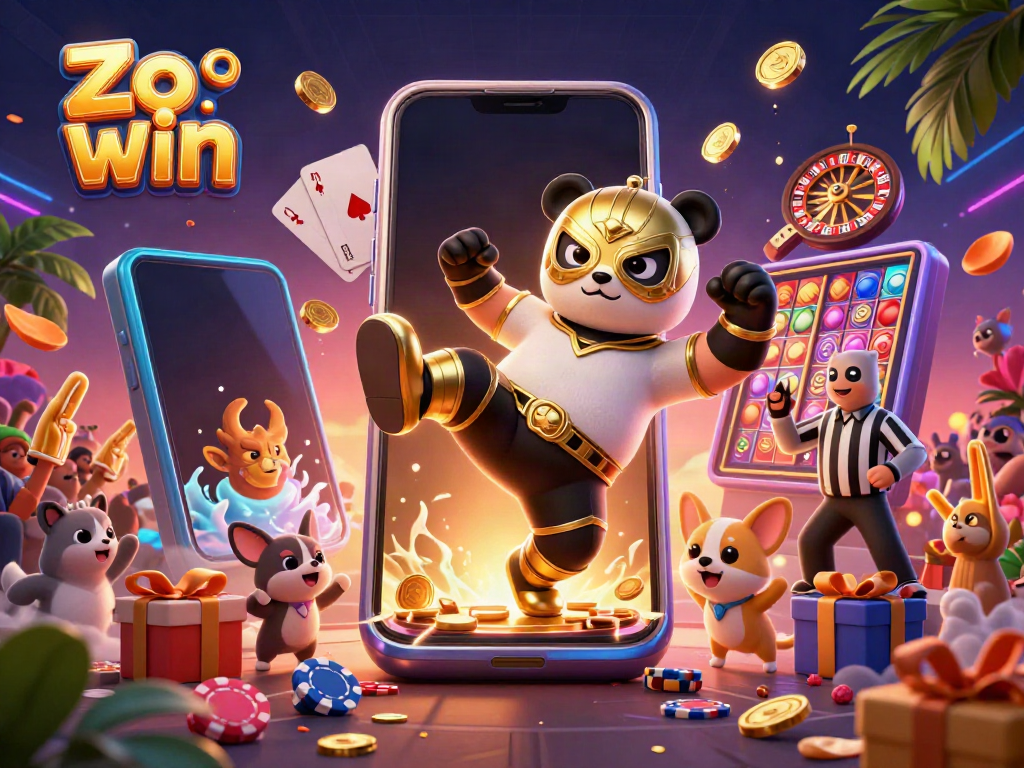 Engage with thrilling slots at Zo win while a panda shows off his flying kick amidst a lively casino scene.