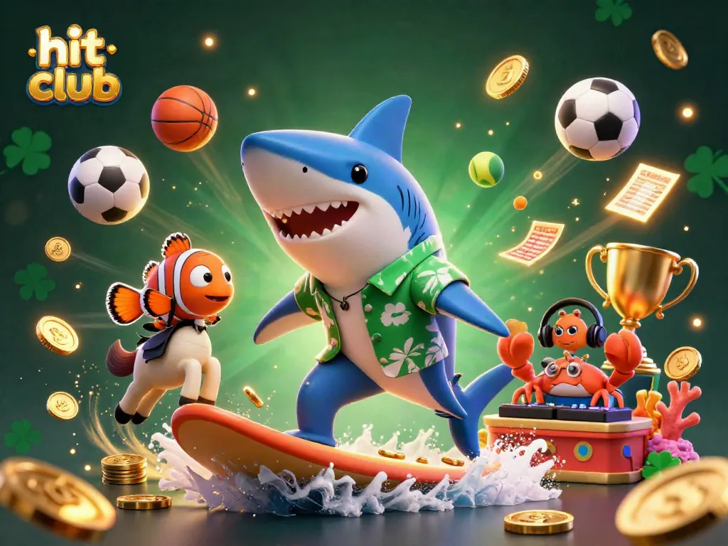 Experience dynamic gaming action at hit club, featuring a shark and clownfish in a casino-inspired scene with gold coins and trophies.