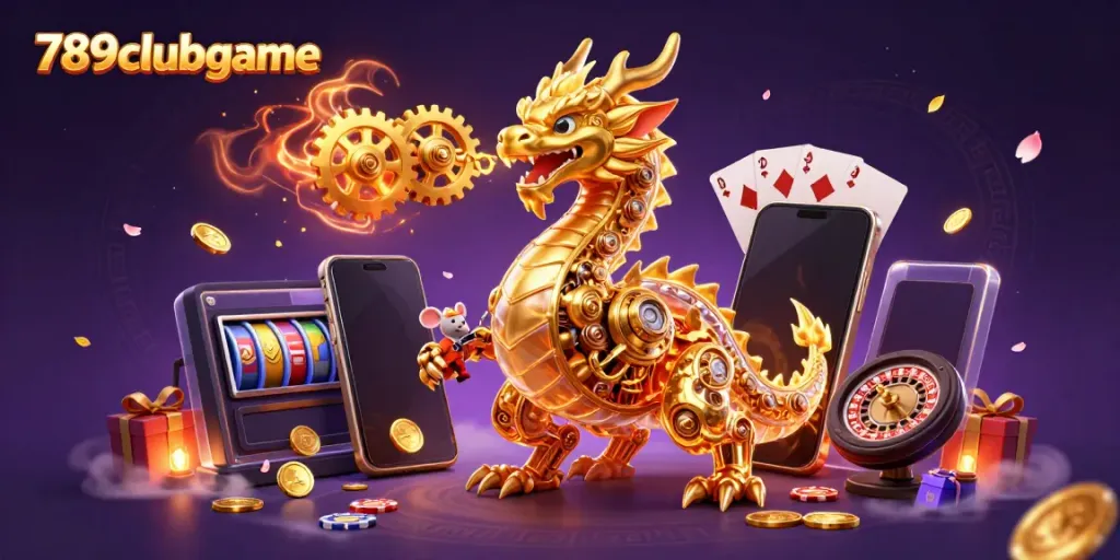 Engage with exciting slot games at 789clubgame, featuring a golden dragon and vibrant game elements.