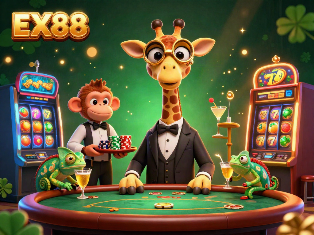 Play exciting slots at EX88 with a high-roller giraffe, monkey valet, and chameleon bartender.