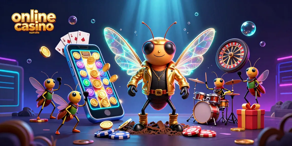 Experience engaging gameplay at online casino australia with a vibrant 3D scene featuring a cicada rock star.