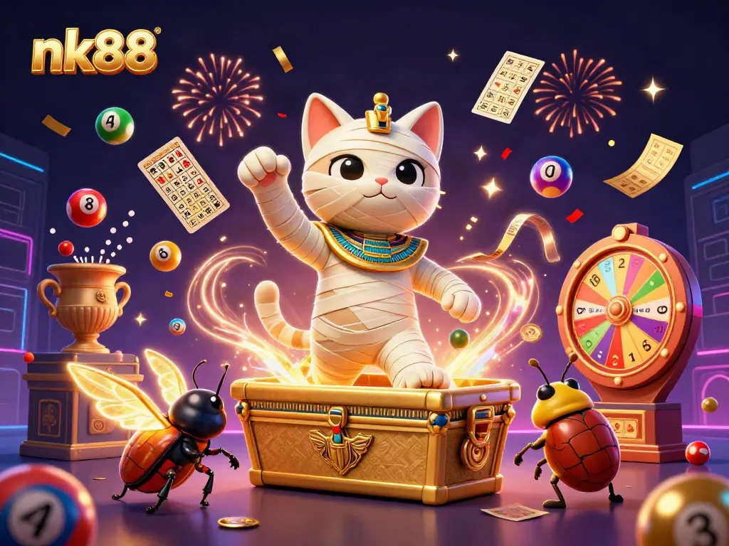 Join the excitement of nk88 with a cartoon mummy cat and glowing scarab in this vibrant casino scene.