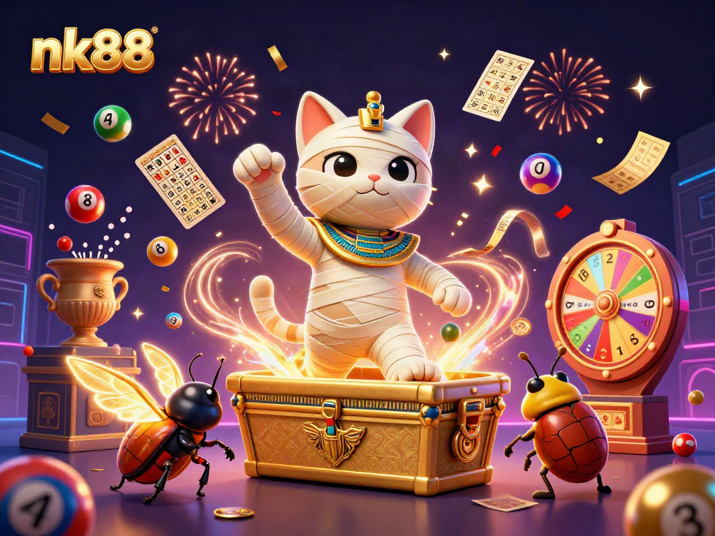 Join the excitement of nk88 with a cartoon mummy cat and glowing scarab in this vibrant casino scene.
