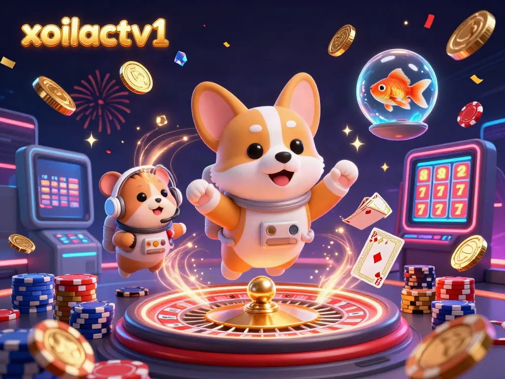 Xoilactv1 features a playful scene with an astronaut corgi in a floating space casino, amid drifting coins and poker chips.