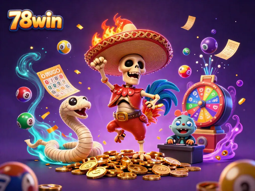 Experience the excitement at 78win with a victorious mariachi rooster celebrating amidst a vibrant gaming atmosphere.